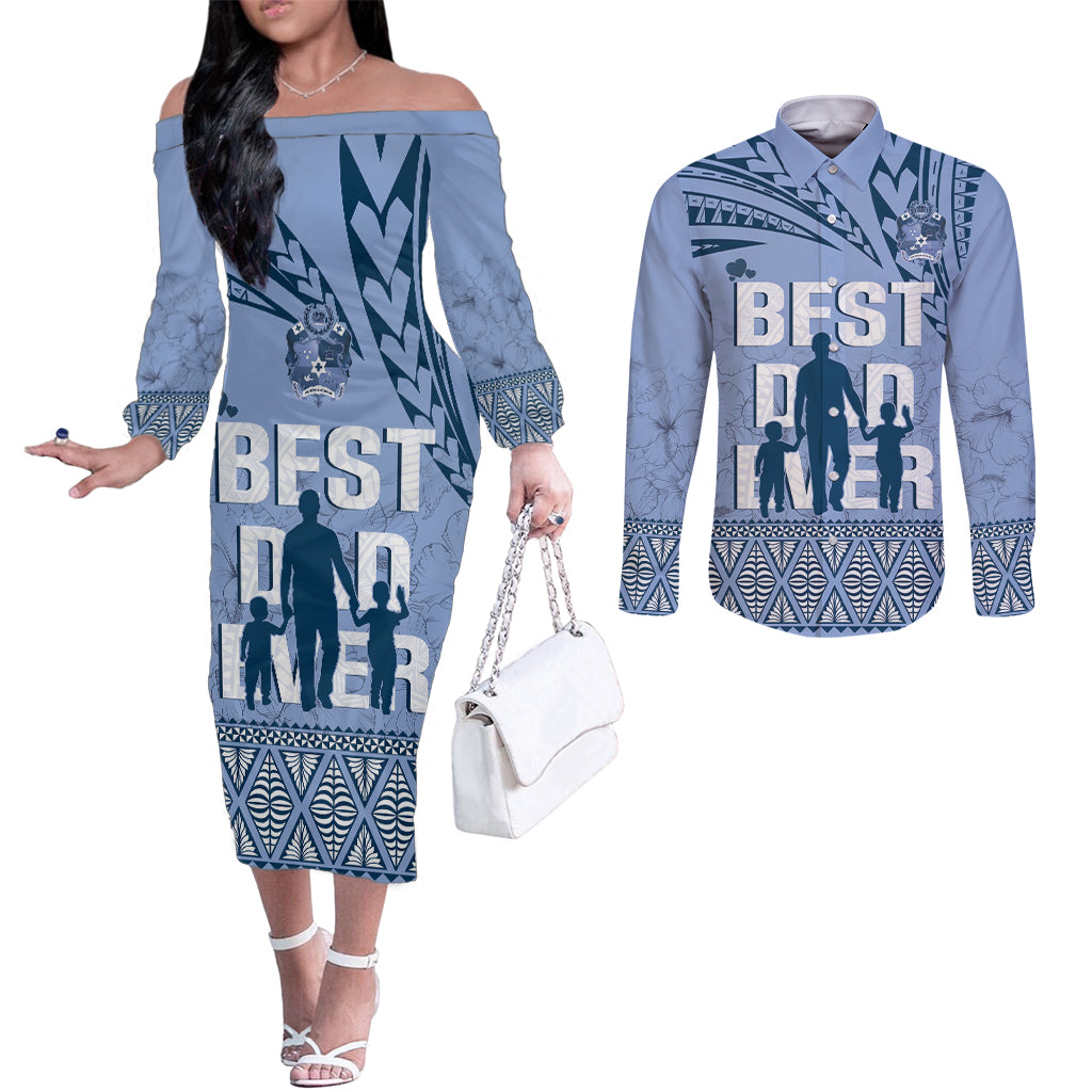 Tonga Father's Day Couples Matching Off The Shoulder Long Sleeve Dress and Long Sleeve Button Shirt Best Dad Ever Tongan Ngatu Pattern - Blue