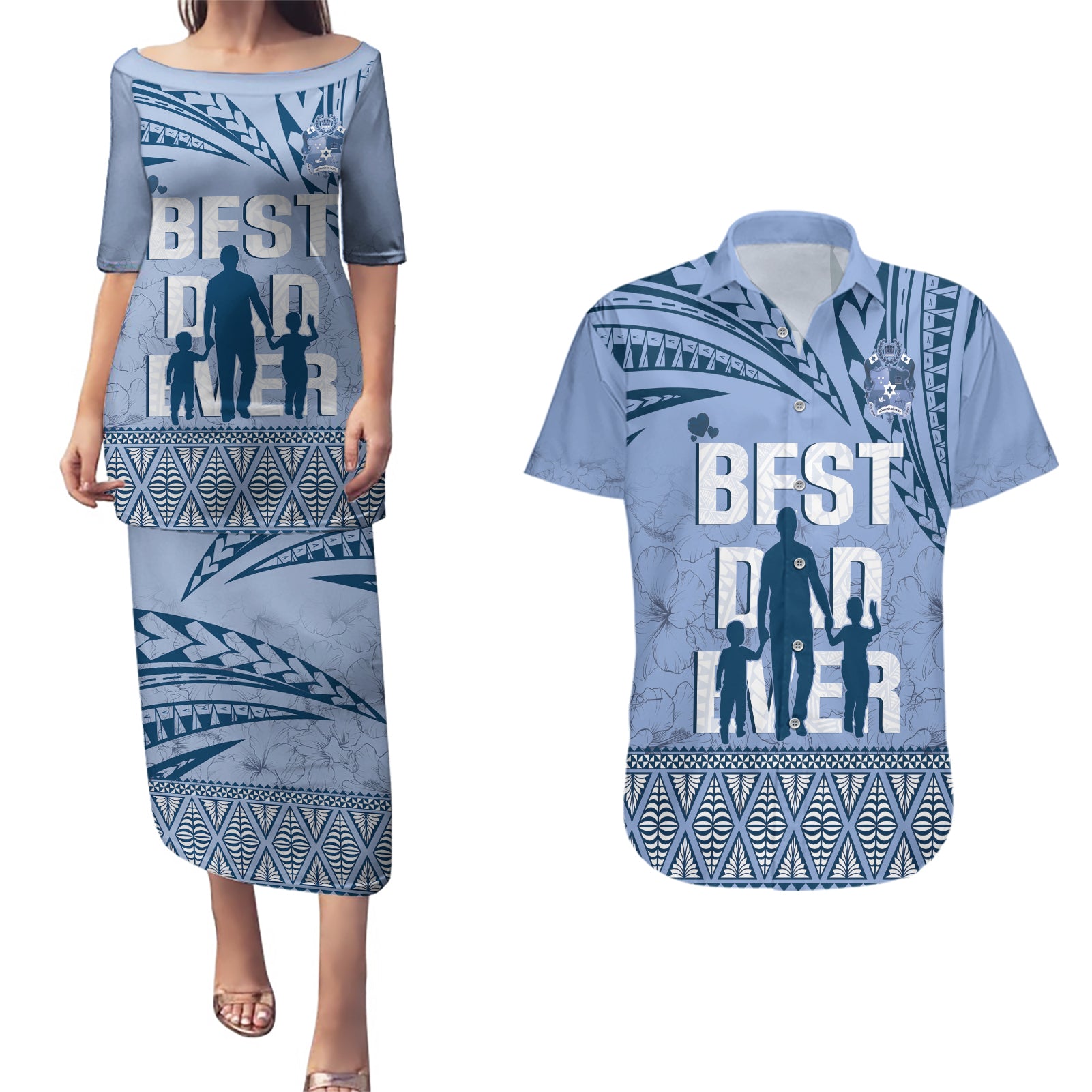 Tonga Father's Day Couples Matching Puletasi and Hawaiian Shirt Best Dad Ever Tongan Ngatu Pattern - Blue