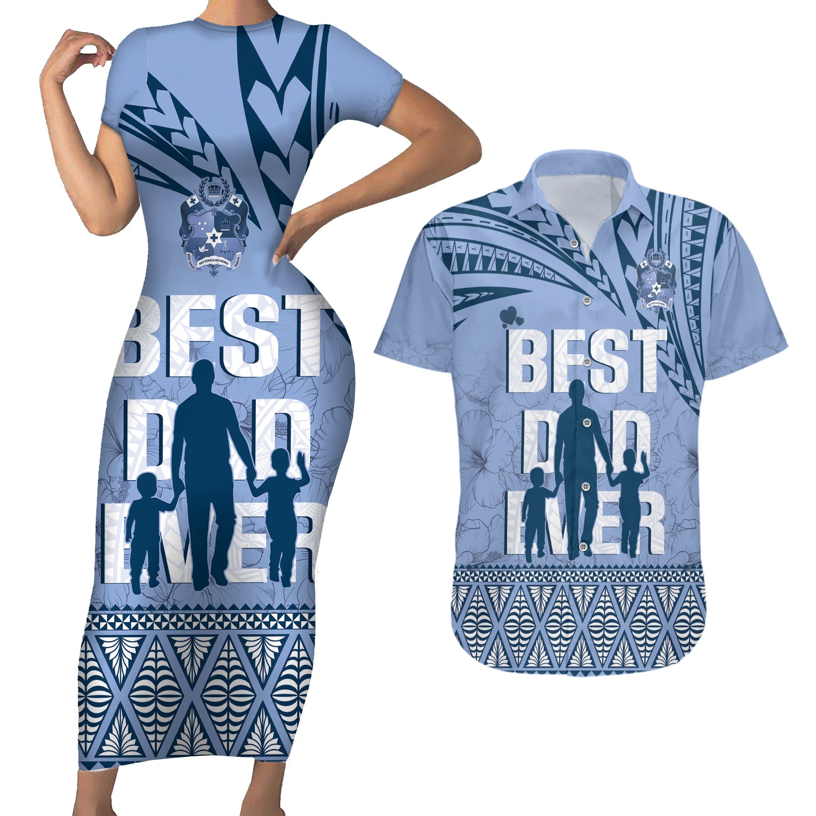 Tonga Father's Day Couples Matching Short Sleeve Bodycon Dress and Hawaiian Shirt Best Dad Ever Tongan Ngatu Pattern - Blue