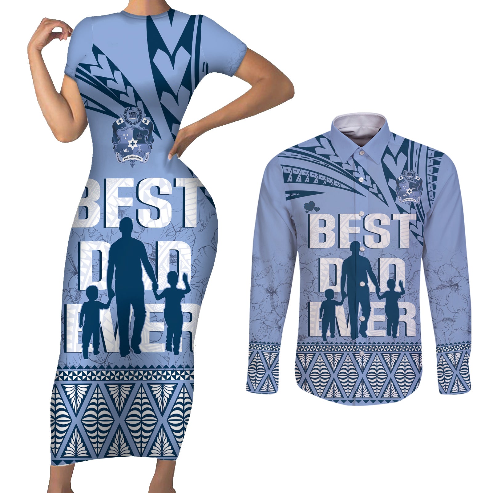 Tonga Father's Day Couples Matching Short Sleeve Bodycon Dress and Long Sleeve Button Shirt Best Dad Ever Tongan Ngatu Pattern - Blue