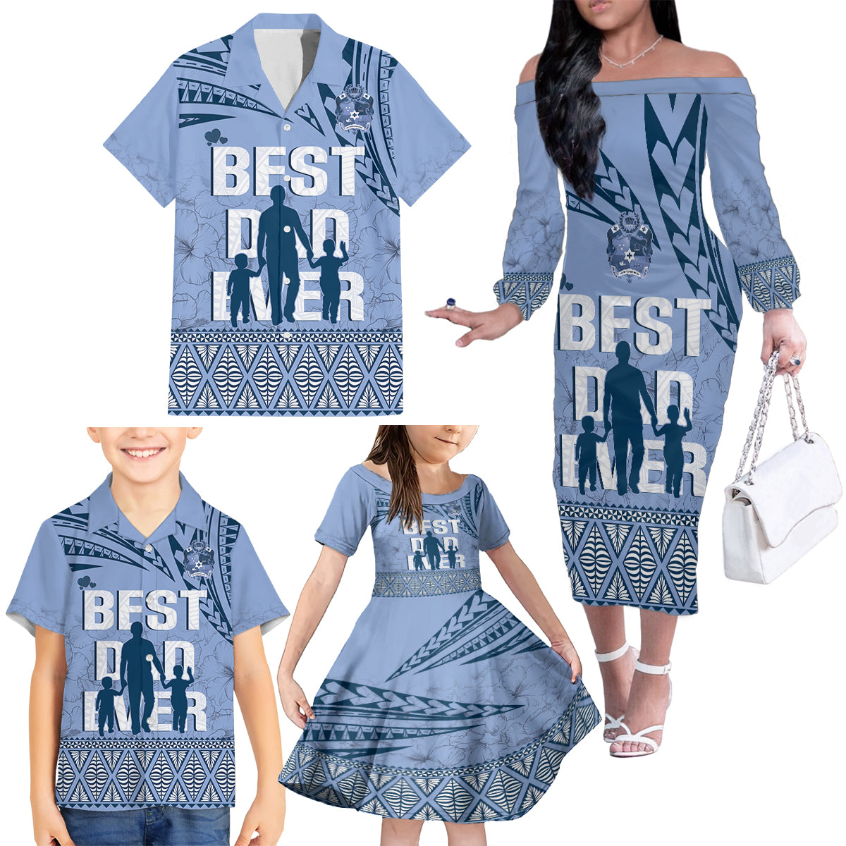 Tonga Father's Day Family Matching Off The Shoulder Long Sleeve Dress and Hawaiian Shirt Best Dad Ever Tongan Ngatu Pattern - Blue