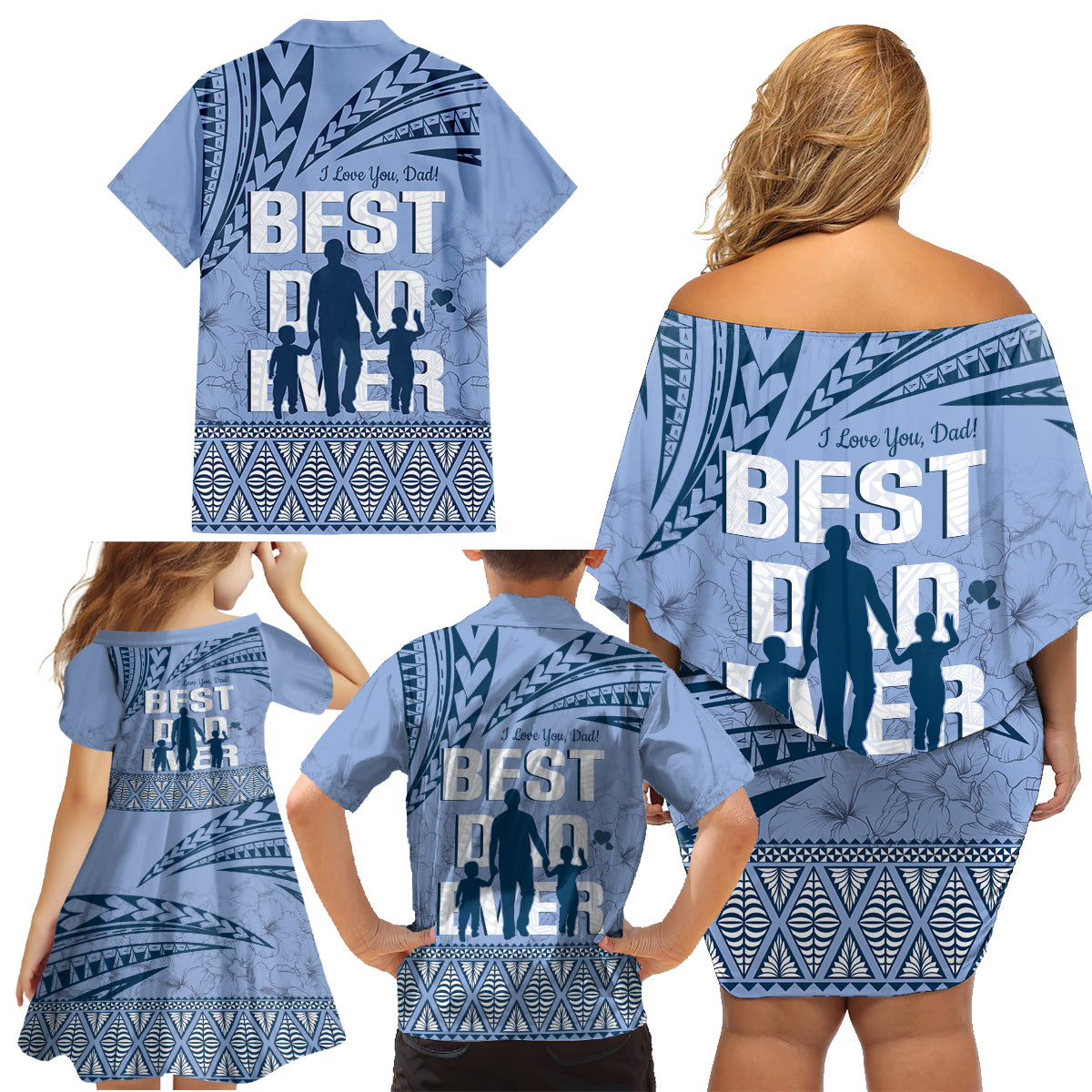 Tonga Father's Day Family Matching Off Shoulder Short Dress and Hawaiian Shirt Best Dad Ever Tongan Ngatu Pattern - Blue