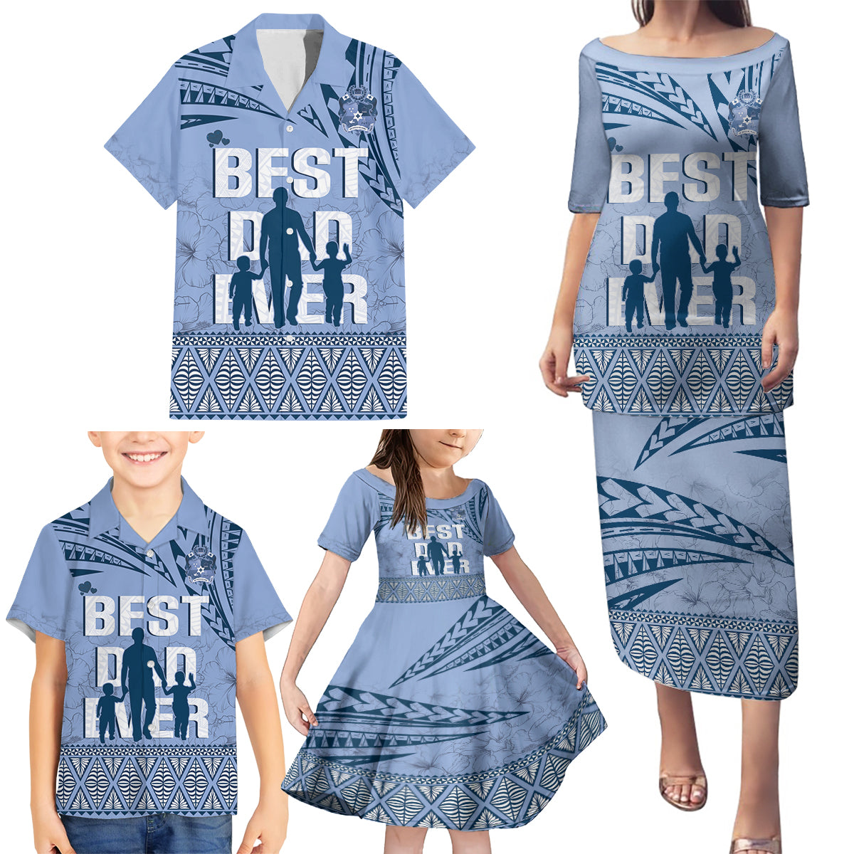 Tonga Father's Day Family Matching Puletasi and Hawaiian Shirt Best Dad Ever Tongan Ngatu Pattern - Blue