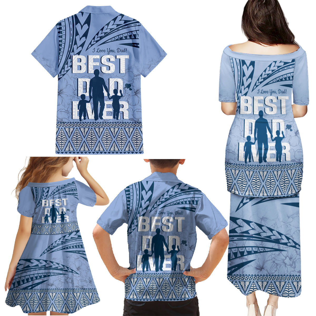 Tonga Father's Day Family Matching Puletasi and Hawaiian Shirt Best Dad Ever Tongan Ngatu Pattern - Blue