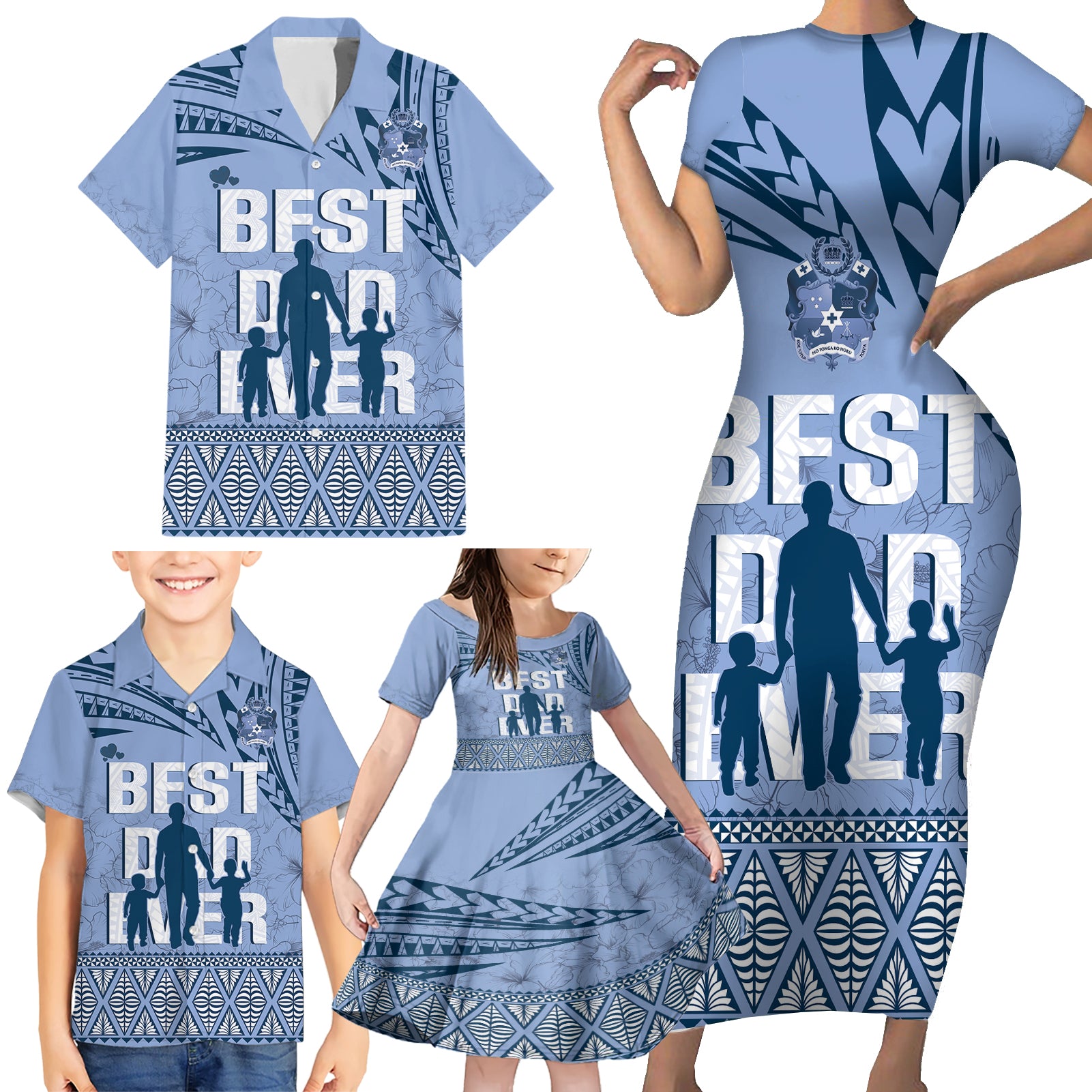 Tonga Father's Day Family Matching Short Sleeve Bodycon Dress and Hawaiian Shirt Best Dad Ever Tongan Ngatu Pattern - Blue