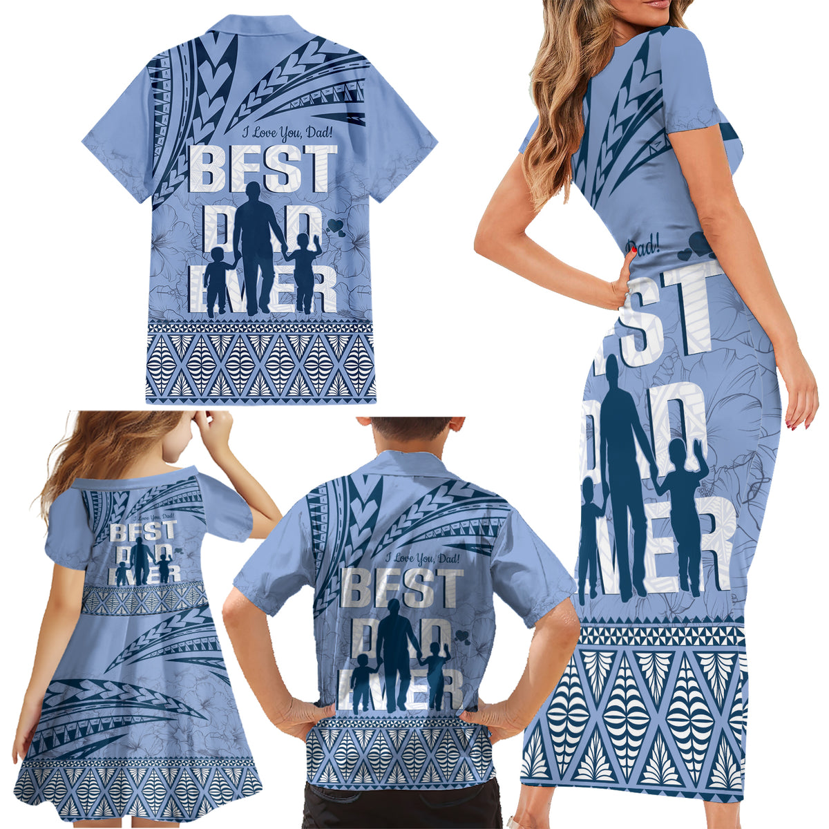 Tonga Father's Day Family Matching Short Sleeve Bodycon Dress and Hawaiian Shirt Best Dad Ever Tongan Ngatu Pattern - Blue