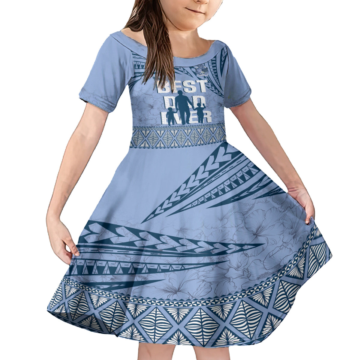 Tonga Father's Day Kid Short Sleeve Dress Best Dad Ever Tongan Ngatu Pattern - Blue