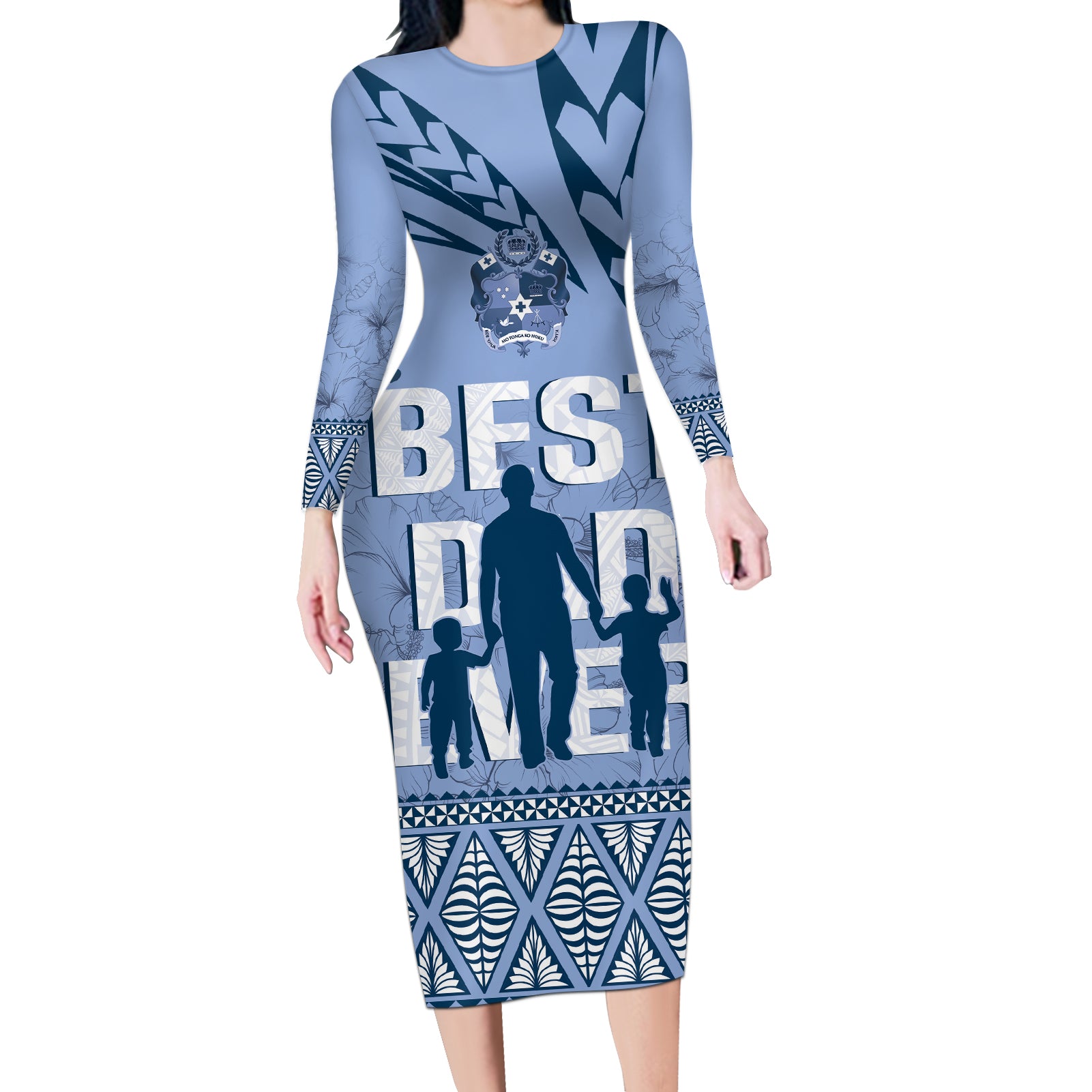 Tonga Father's Day Long Sleeve Bodycon Dress Best Dad Ever Tongan Ngatu Pattern - Blue