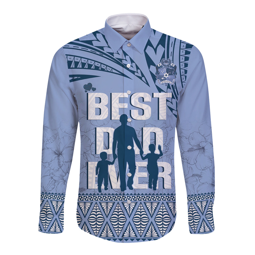 Tonga Father's Day Long Sleeve Button Shirt Best Dad Ever Tongan Ngatu Pattern - Blue