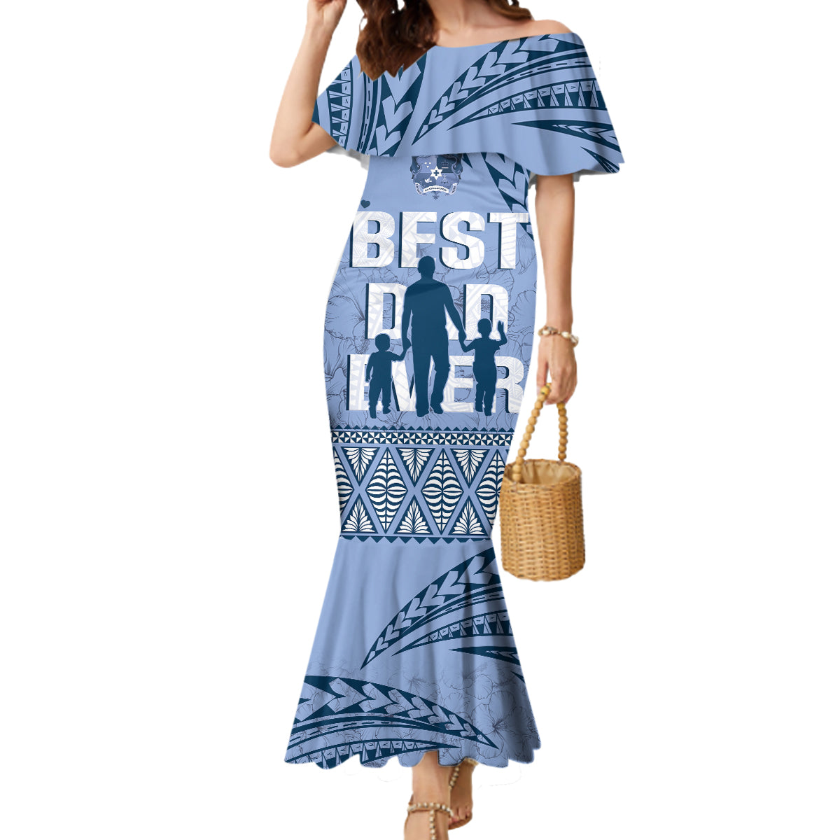 Tonga Father's Day Mermaid Dress Best Dad Ever Tongan Ngatu Pattern - Blue