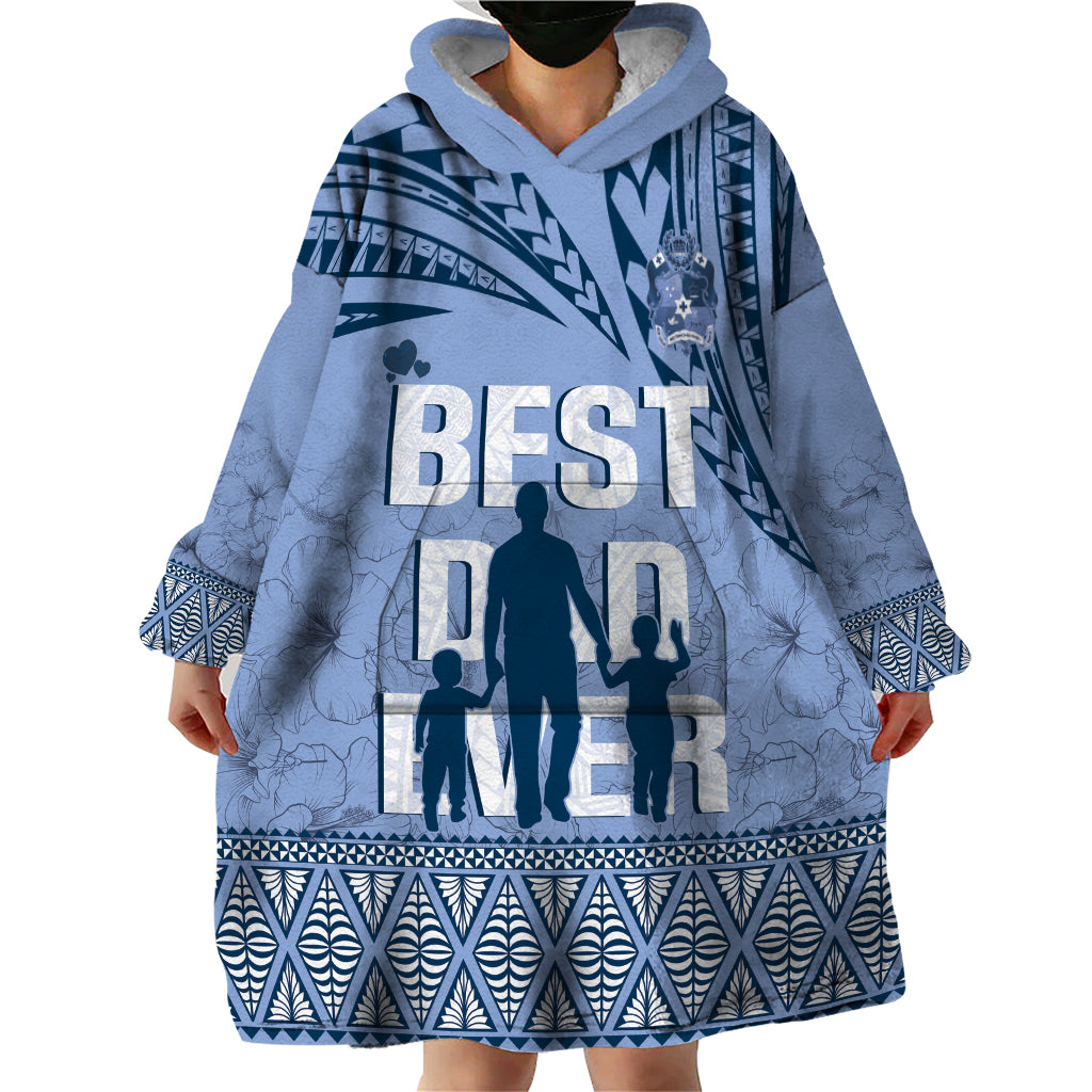 Tonga Father's Day Wearable Blanket Hoodie Best Dad Ever Tongan Ngatu Pattern - Blue
