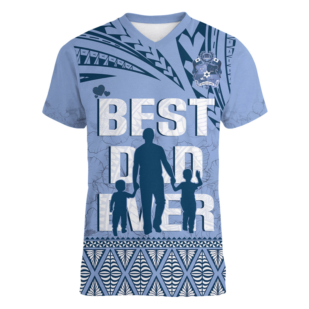 Tonga Father's Day Women V-Neck T-Shirt Best Dad Ever Tongan Ngatu Pattern - Blue