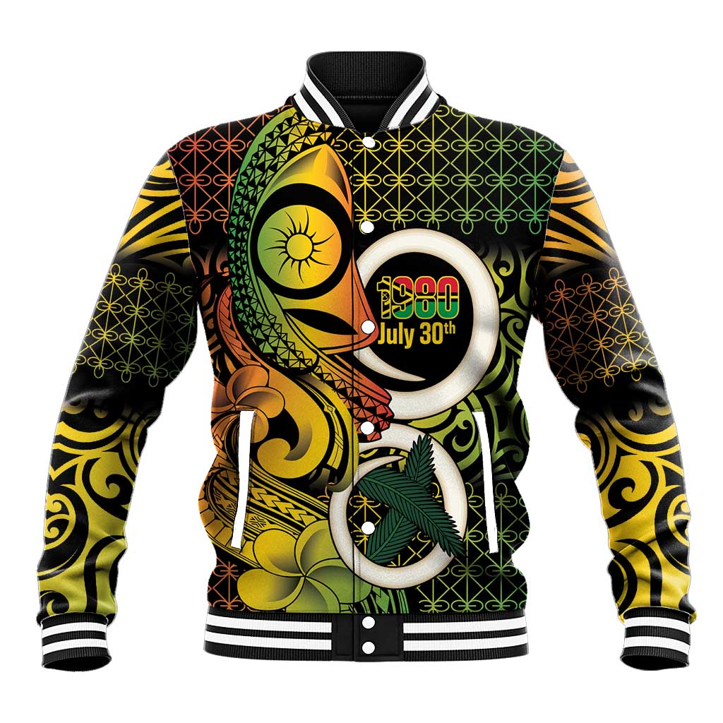 Vanuatu 1980 Baseball Jacket Ni-Van Tamtam Sand Drawing Pattern LT14 Unisex Black - Polynesian Pride