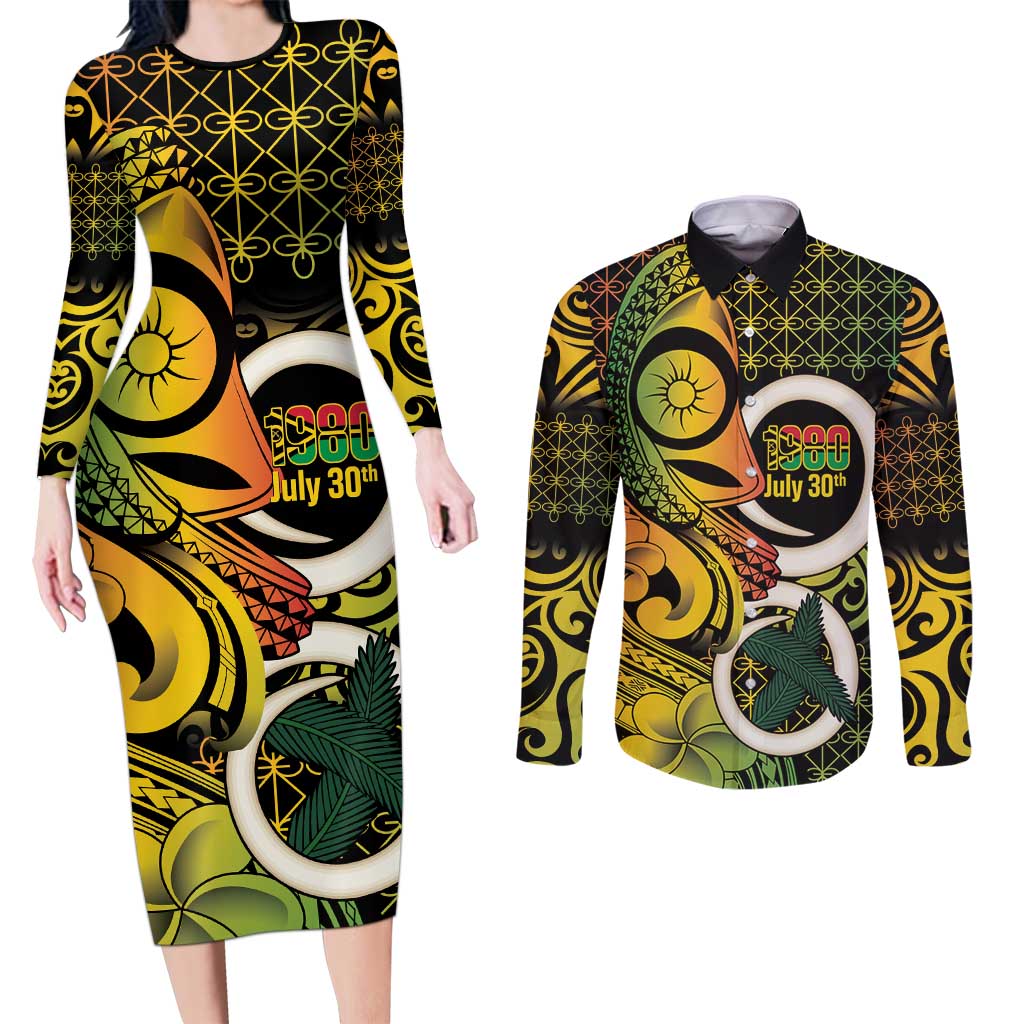 Vanuatu 1980 Couples Matching Long Sleeve Bodycon Dress and Long Sleeve Button Shirt Ni-Van Tamtam Sand Drawing Pattern LT14 Black - Polynesian Pride