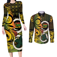 Vanuatu 1980 Couples Matching Long Sleeve Bodycon Dress and Long Sleeve Button Shirt Ni-Van Tamtam Sand Drawing Pattern LT14 Black - Polynesian Pride