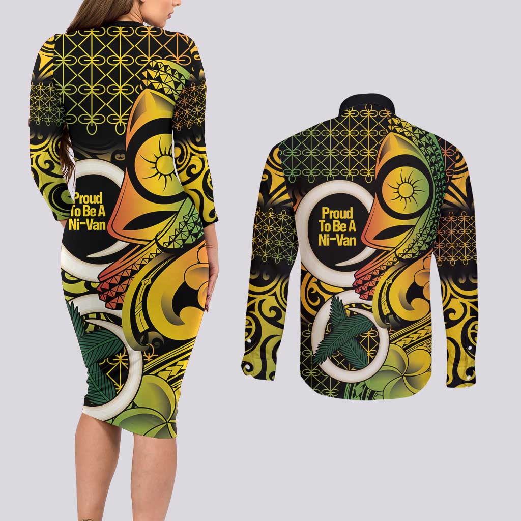 Vanuatu 1980 Couples Matching Long Sleeve Bodycon Dress and Long Sleeve Button Shirt Ni-Van Tamtam Sand Drawing Pattern LT14 - Polynesian Pride