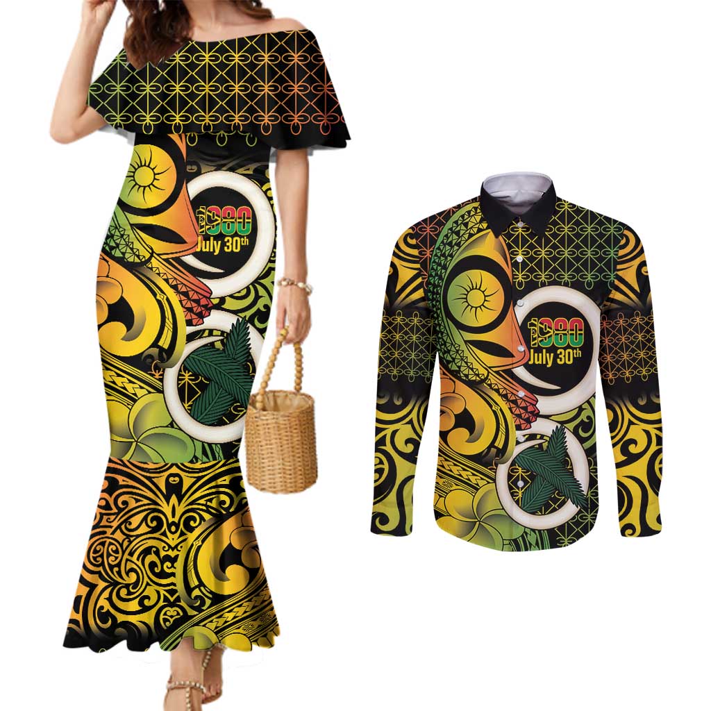 Vanuatu 1980 Couples Matching Mermaid Dress and Long Sleeve Button Shirt Ni-Van Tamtam Sand Drawing Pattern LT14 Black - Polynesian Pride