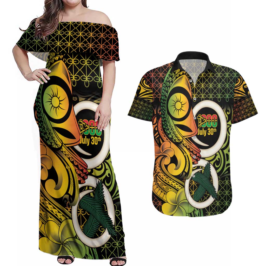 Vanuatu 1980 Couples Matching Off Shoulder Maxi Dress and Hawaiian Shirt Ni-Van Tamtam Sand Drawing Pattern LT14 Black - Polynesian Pride
