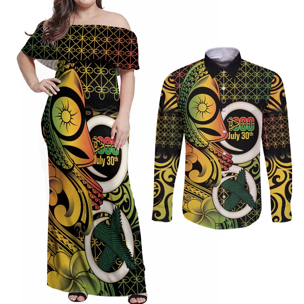 Vanuatu 1980 Couples Matching Off Shoulder Maxi Dress and Long Sleeve Button Shirt Ni-Van Tamtam Sand Drawing Pattern LT14 Black - Polynesian Pride