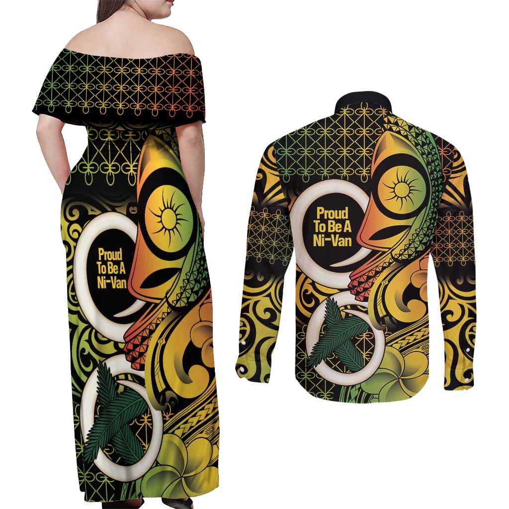 Vanuatu 1980 Couples Matching Off Shoulder Maxi Dress and Long Sleeve Button Shirt Ni-Van Tamtam Sand Drawing Pattern LT14 - Polynesian Pride