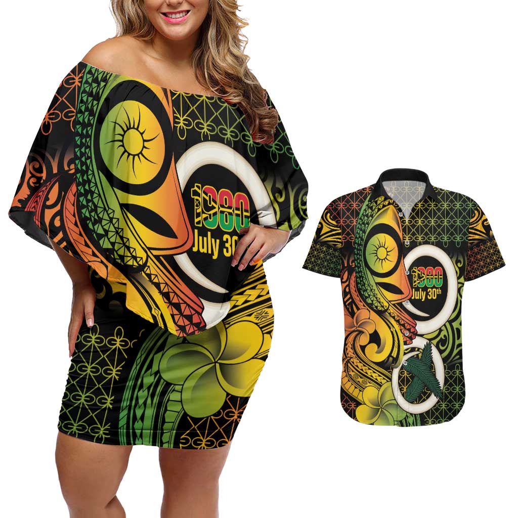 Vanuatu 1980 Couples Matching Off Shoulder Short Dress and Hawaiian Shirt Ni-Van Tamtam Sand Drawing Pattern LT14 Black - Polynesian Pride