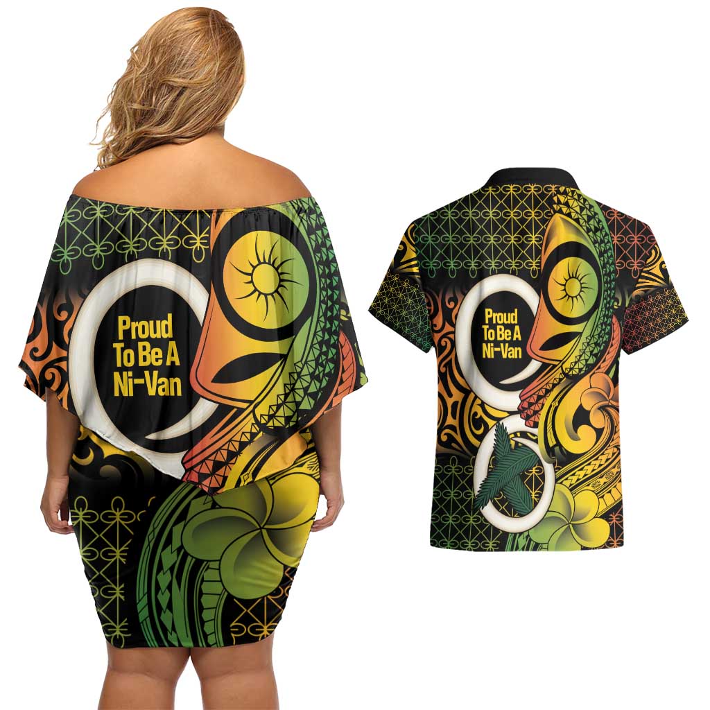 Vanuatu 1980 Couples Matching Off Shoulder Short Dress and Hawaiian Shirt Ni-Van Tamtam Sand Drawing Pattern LT14 - Polynesian Pride