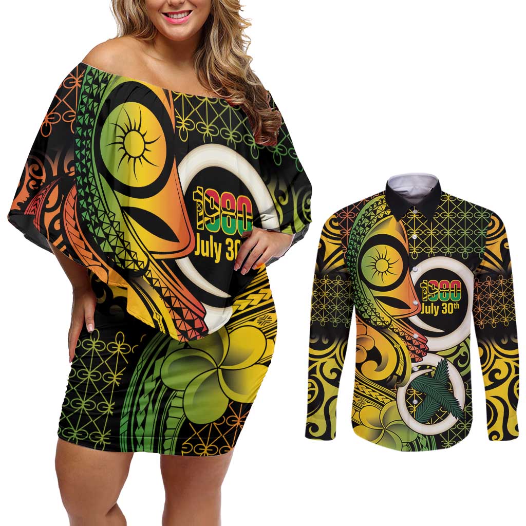 Vanuatu 1980 Couples Matching Off Shoulder Short Dress and Long Sleeve Button Shirt Ni-Van Tamtam Sand Drawing Pattern LT14 Black - Polynesian Pride