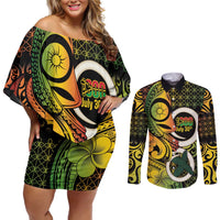Vanuatu 1980 Couples Matching Off Shoulder Short Dress and Long Sleeve Button Shirt Ni-Van Tamtam Sand Drawing Pattern LT14 Black - Polynesian Pride