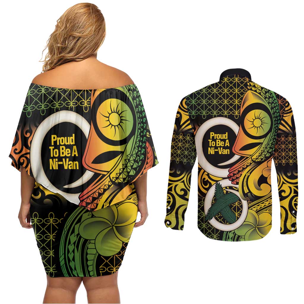 Vanuatu 1980 Couples Matching Off Shoulder Short Dress and Long Sleeve Button Shirt Ni-Van Tamtam Sand Drawing Pattern LT14 - Polynesian Pride