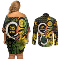 Vanuatu 1980 Couples Matching Off Shoulder Short Dress and Long Sleeve Button Shirt Ni-Van Tamtam Sand Drawing Pattern LT14 - Polynesian Pride