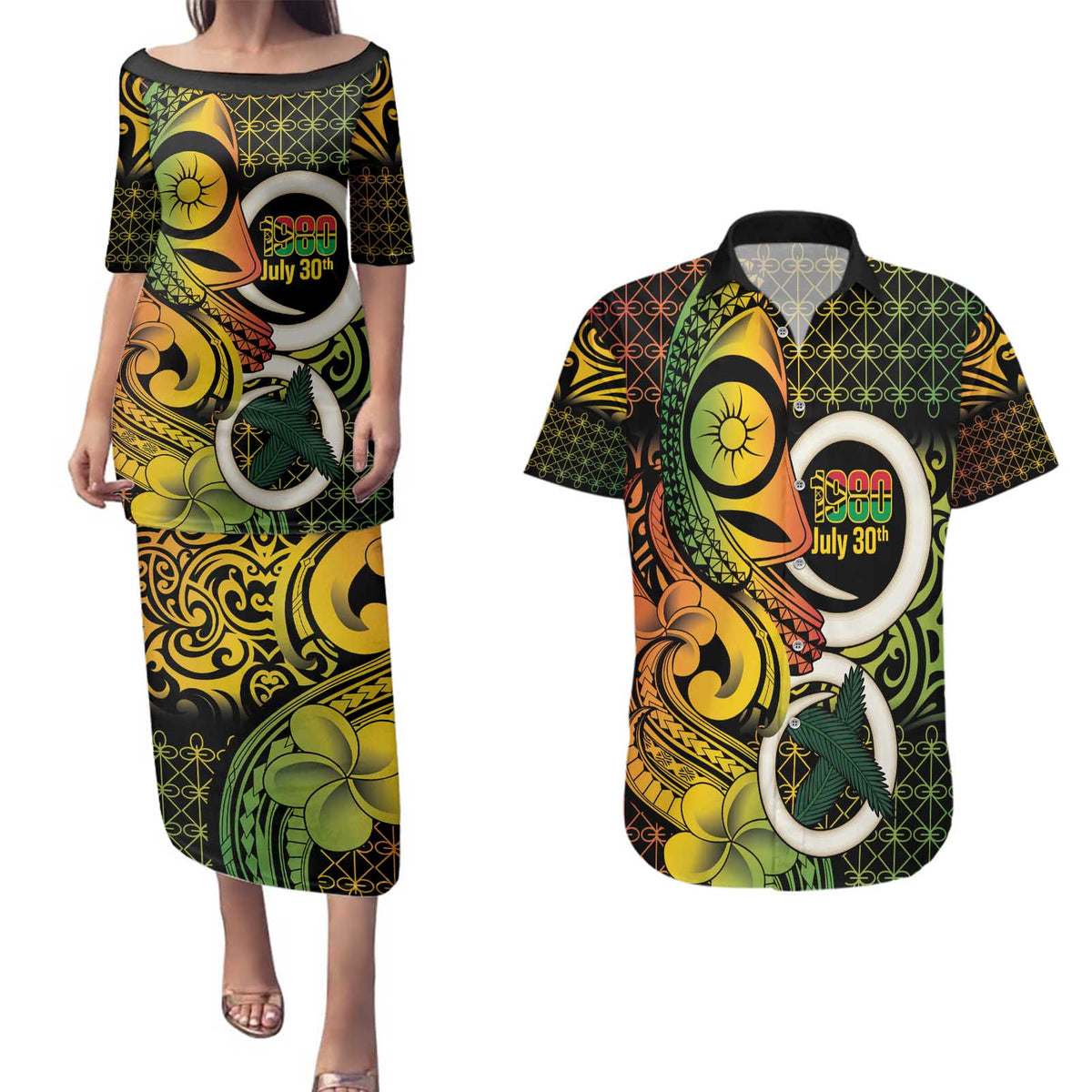 Vanuatu 1980 Couples Matching Puletasi and Hawaiian Shirt Ni-Van Tamtam Sand Drawing Pattern LT14 Black - Polynesian Pride