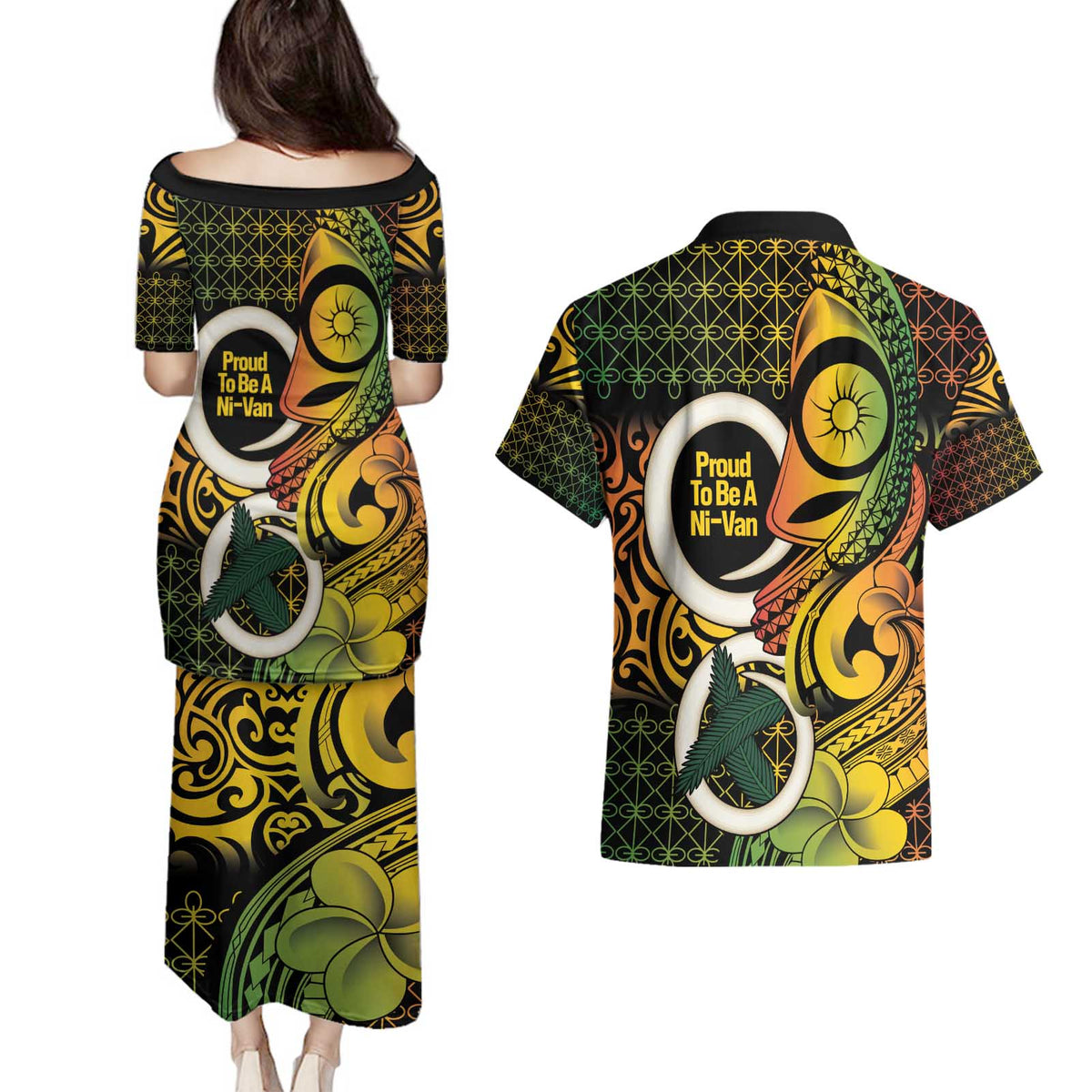 Vanuatu 1980 Couples Matching Puletasi and Hawaiian Shirt Ni-Van Tamtam Sand Drawing Pattern LT14 - Polynesian Pride