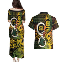 Vanuatu 1980 Couples Matching Puletasi and Hawaiian Shirt Ni-Van Tamtam Sand Drawing Pattern LT14 - Polynesian Pride