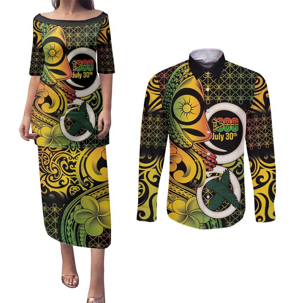 Vanuatu 1980 Couples Matching Puletasi and Long Sleeve Button Shirt Ni-Van Tamtam Sand Drawing Pattern LT14 Black - Polynesian Pride