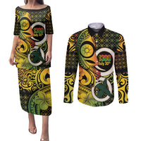 Vanuatu 1980 Couples Matching Puletasi and Long Sleeve Button Shirt Ni-Van Tamtam Sand Drawing Pattern LT14 Black - Polynesian Pride