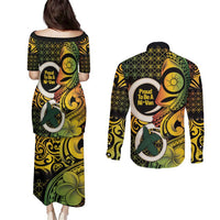 Vanuatu 1980 Couples Matching Puletasi and Long Sleeve Button Shirt Ni-Van Tamtam Sand Drawing Pattern LT14 - Polynesian Pride