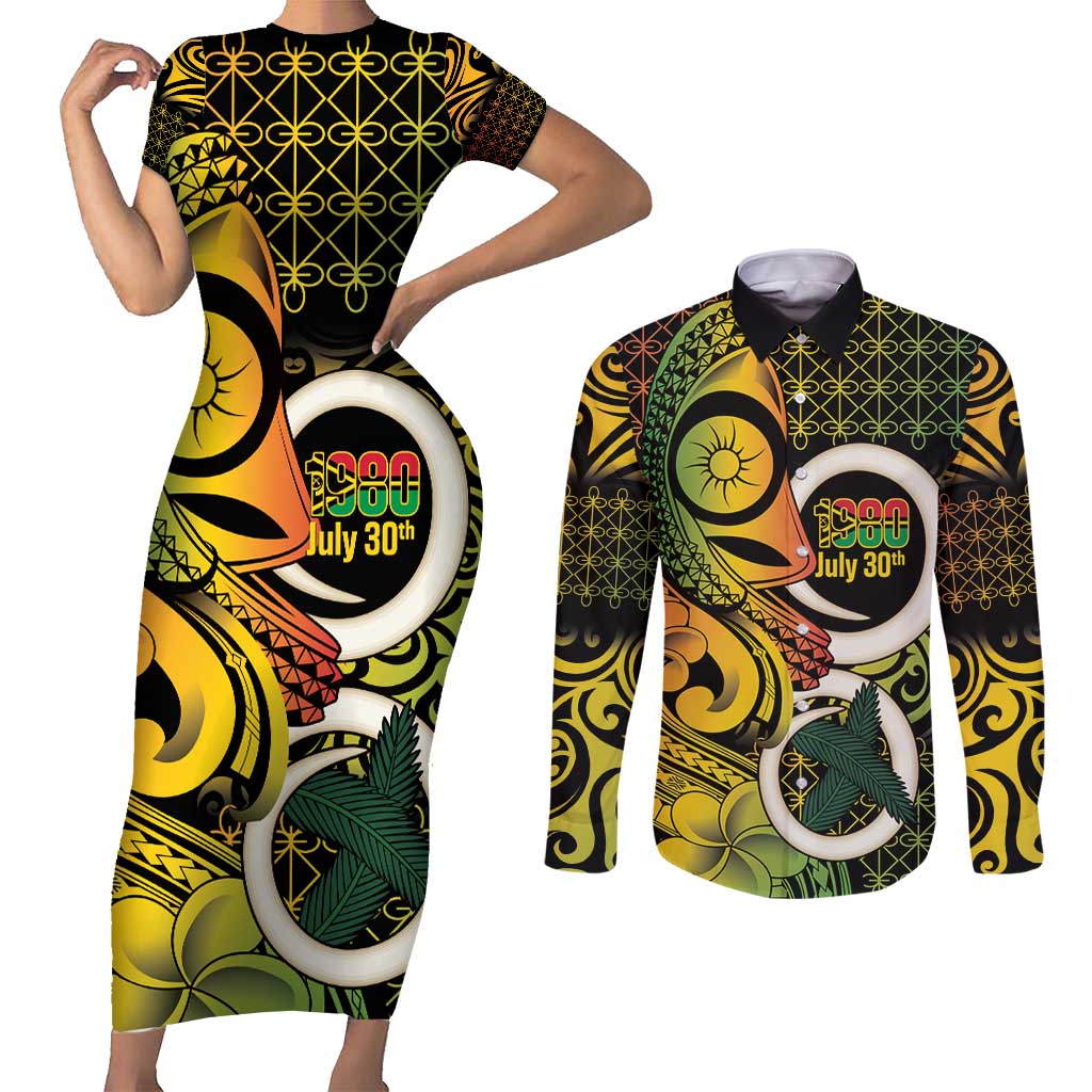 Vanuatu 1980 Couples Matching Short Sleeve Bodycon Dress and Long Sleeve Button Shirt Ni-Van Tamtam Sand Drawing Pattern LT14 Black - Polynesian Pride