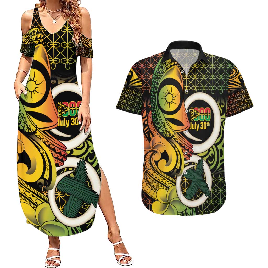 Vanuatu 1980 Couples Matching Summer Maxi Dress and Hawaiian Shirt Ni-Van Tamtam Sand Drawing Pattern LT14 Black - Polynesian Pride