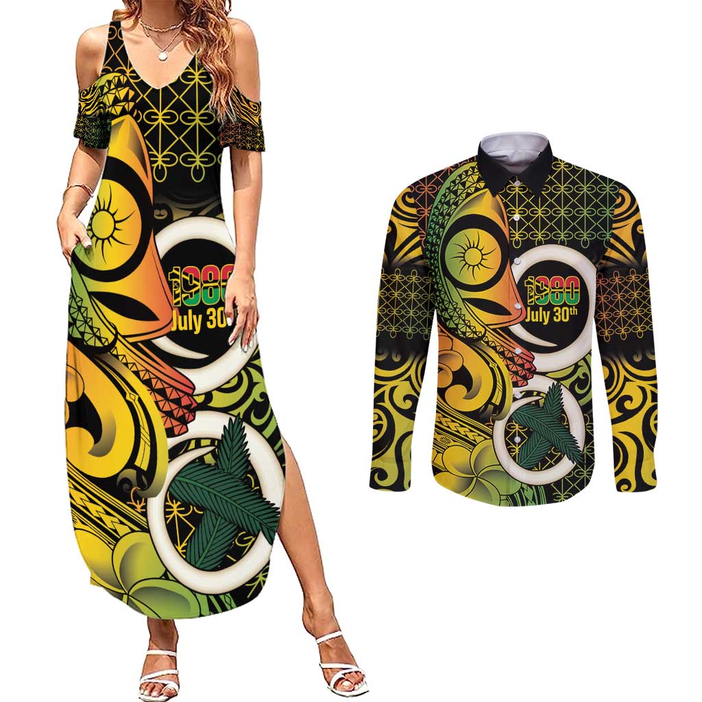 Vanuatu 1980 Couples Matching Summer Maxi Dress and Long Sleeve Button Shirt Ni-Van Tamtam Sand Drawing Pattern LT14 Black - Polynesian Pride