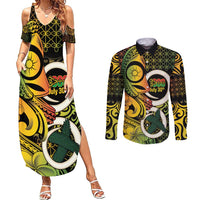 Vanuatu 1980 Couples Matching Summer Maxi Dress and Long Sleeve Button Shirt Ni-Van Tamtam Sand Drawing Pattern LT14 Black - Polynesian Pride