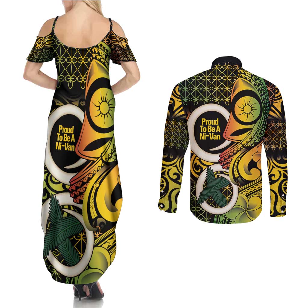 Vanuatu 1980 Couples Matching Summer Maxi Dress and Long Sleeve Button Shirt Ni-Van Tamtam Sand Drawing Pattern LT14 - Polynesian Pride