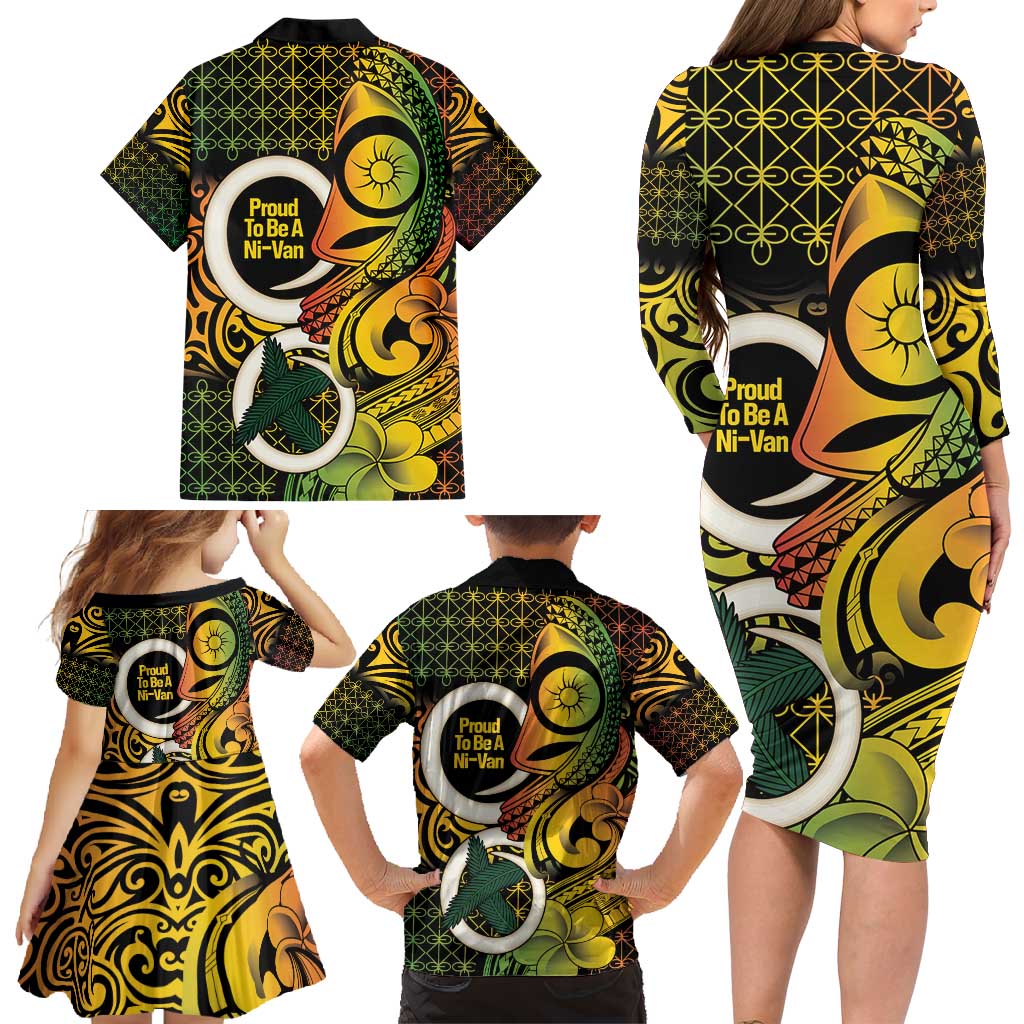 Vanuatu 1980 Family Matching Long Sleeve Bodycon Dress and Hawaiian Shirt Ni-Van Tamtam Sand Drawing Pattern