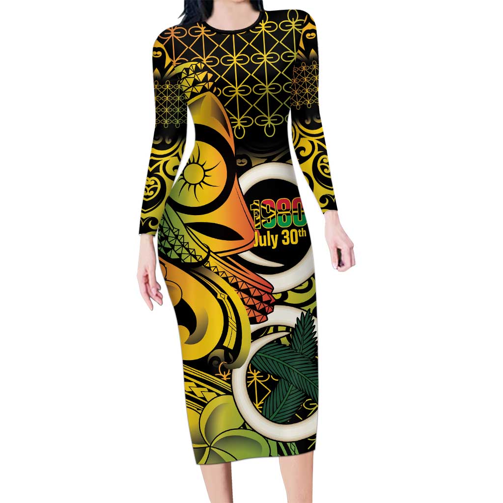 Vanuatu 1980 Family Matching Long Sleeve Bodycon Dress and Hawaiian Shirt Ni-Van Tamtam Sand Drawing Pattern