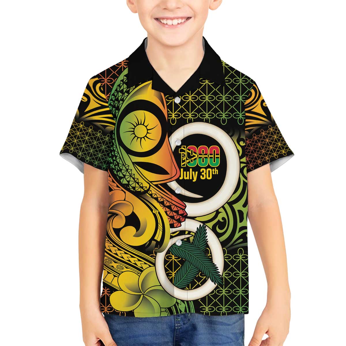 Vanuatu 1980 Family Matching Off The Shoulder Long Sleeve Dress and Hawaiian Shirt Ni-Van Tamtam Sand Drawing Pattern