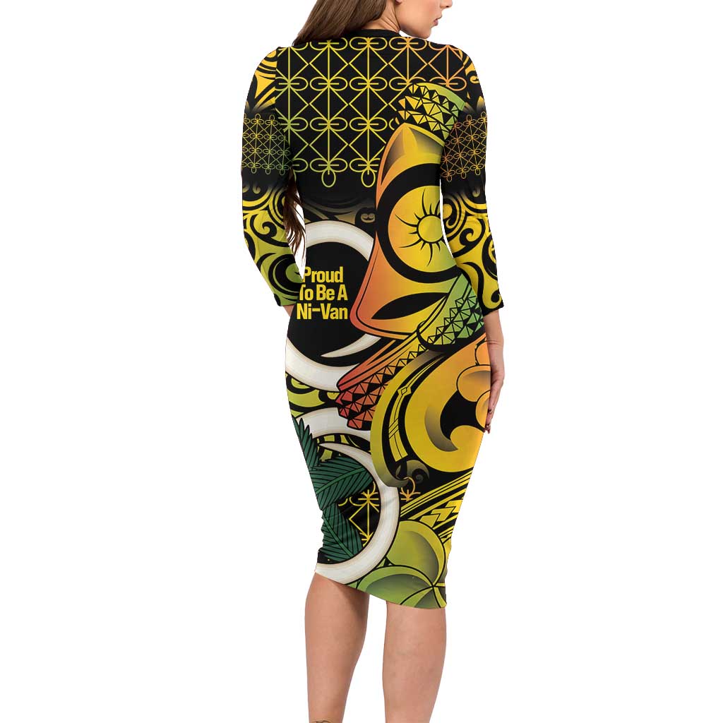 Vanuatu 1980 Long Sleeve Bodycon Dress Ni-Van Tamtam Sand Drawing Pattern