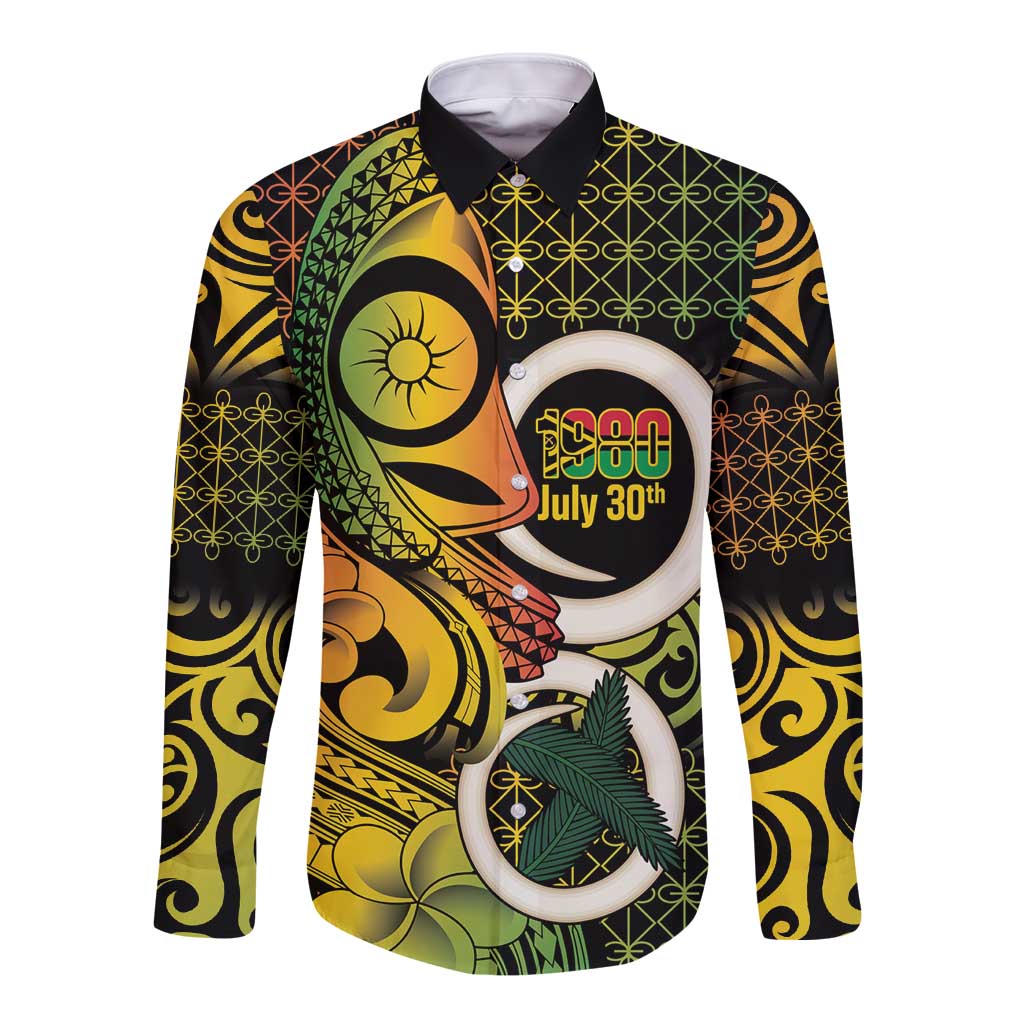 Vanuatu 1980 Long Sleeve Button Shirt Ni-Van Tamtam Sand Drawing Pattern LT14 Unisex Black - Polynesian Pride