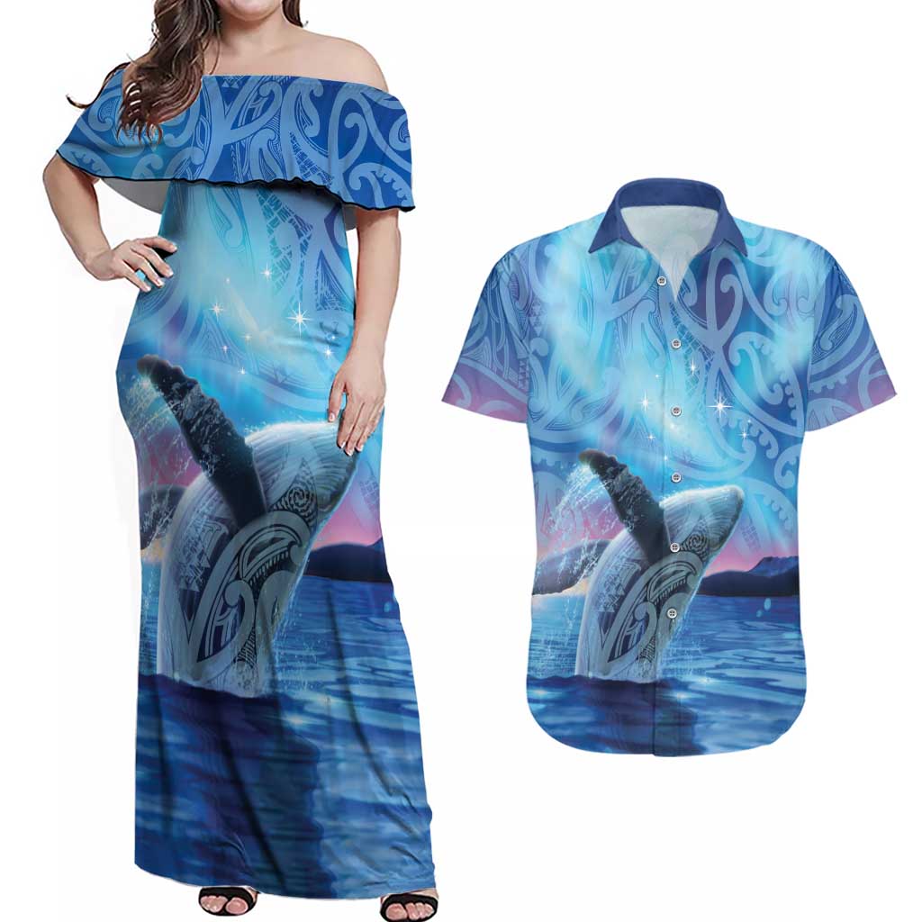 New Zealand Matariki Humpback Whale Couples Matching Off Shoulder Maxi Dress and Hawaiian Shirt Paikea Maori New Year Blue Galaxy