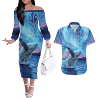 New Zealand Matariki Humpback Whale Couples Matching Off The Shoulder Long Sleeve Dress and Hawaiian Shirt Paikea Maori New Year Blue Galaxy