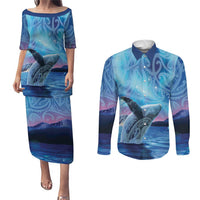 New Zealand Matariki Humpback Whale Couples Matching Puletasi and Long Sleeve Button Shirt Paikea Maori New Year Blue Galaxy