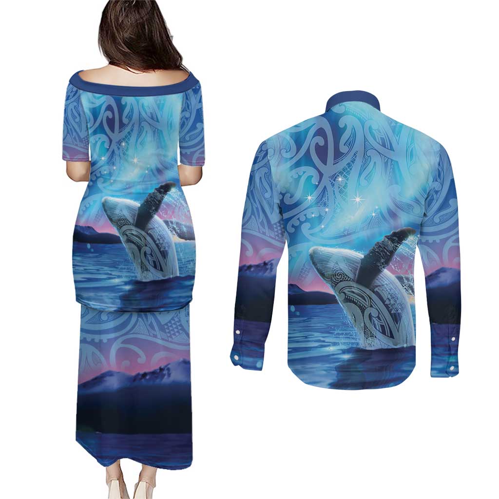 New Zealand Matariki Humpback Whale Couples Matching Puletasi and Long Sleeve Button Shirt Paikea Maori New Year Blue Galaxy